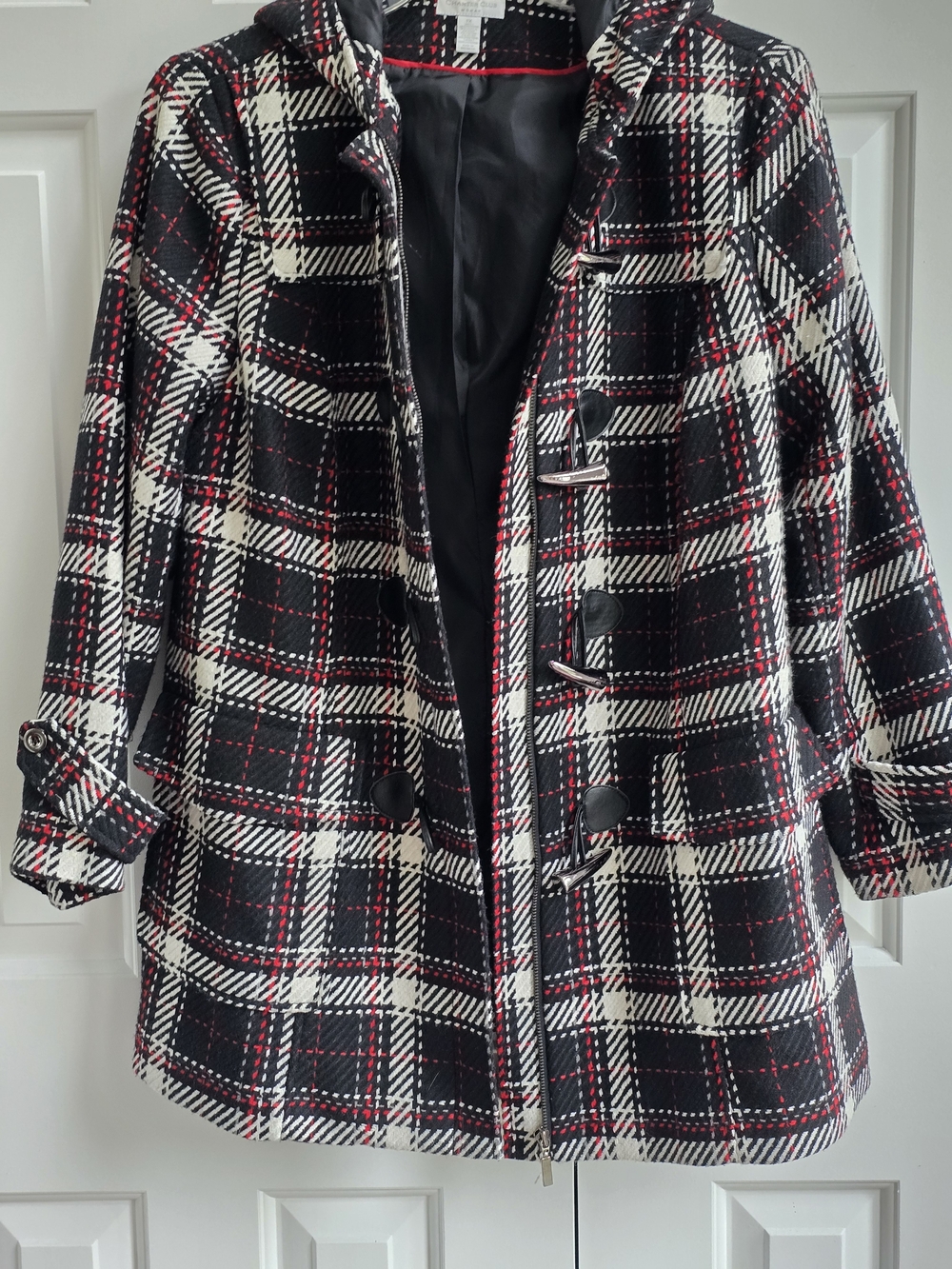 Charter Club Black, White & Red Plaid Hooded Toggle Duffle Coat